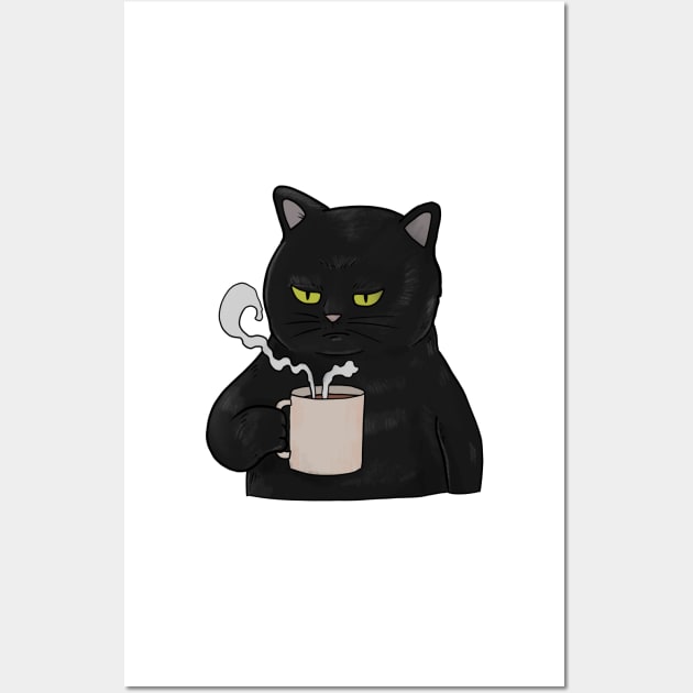 Grumpy Black Cat with Coffee Morning Grouch Wall Art by Mesyo